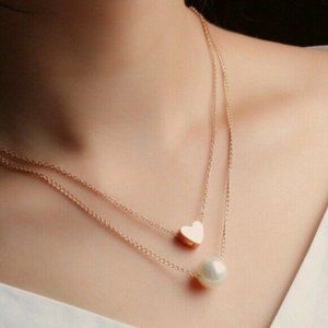 Gold Heart Pearl Layered 2 Pc Necklace Set Dainty